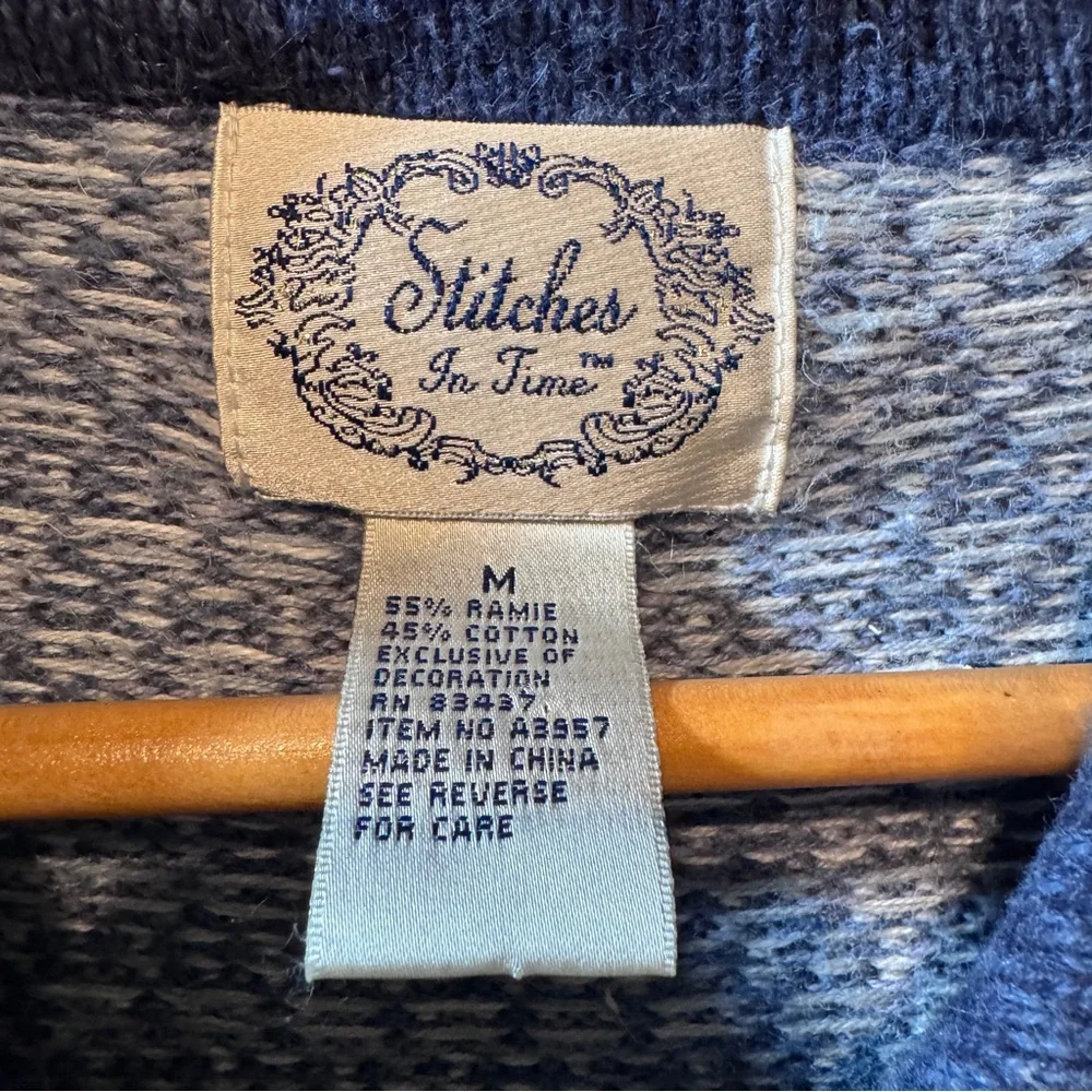 Vintage Fair Isle Full Zip Cardigan Sweater Snowflake Beaded Blue Ramie Medium